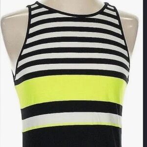 VENUS Black and White Striped Dress with Neon Green Accent